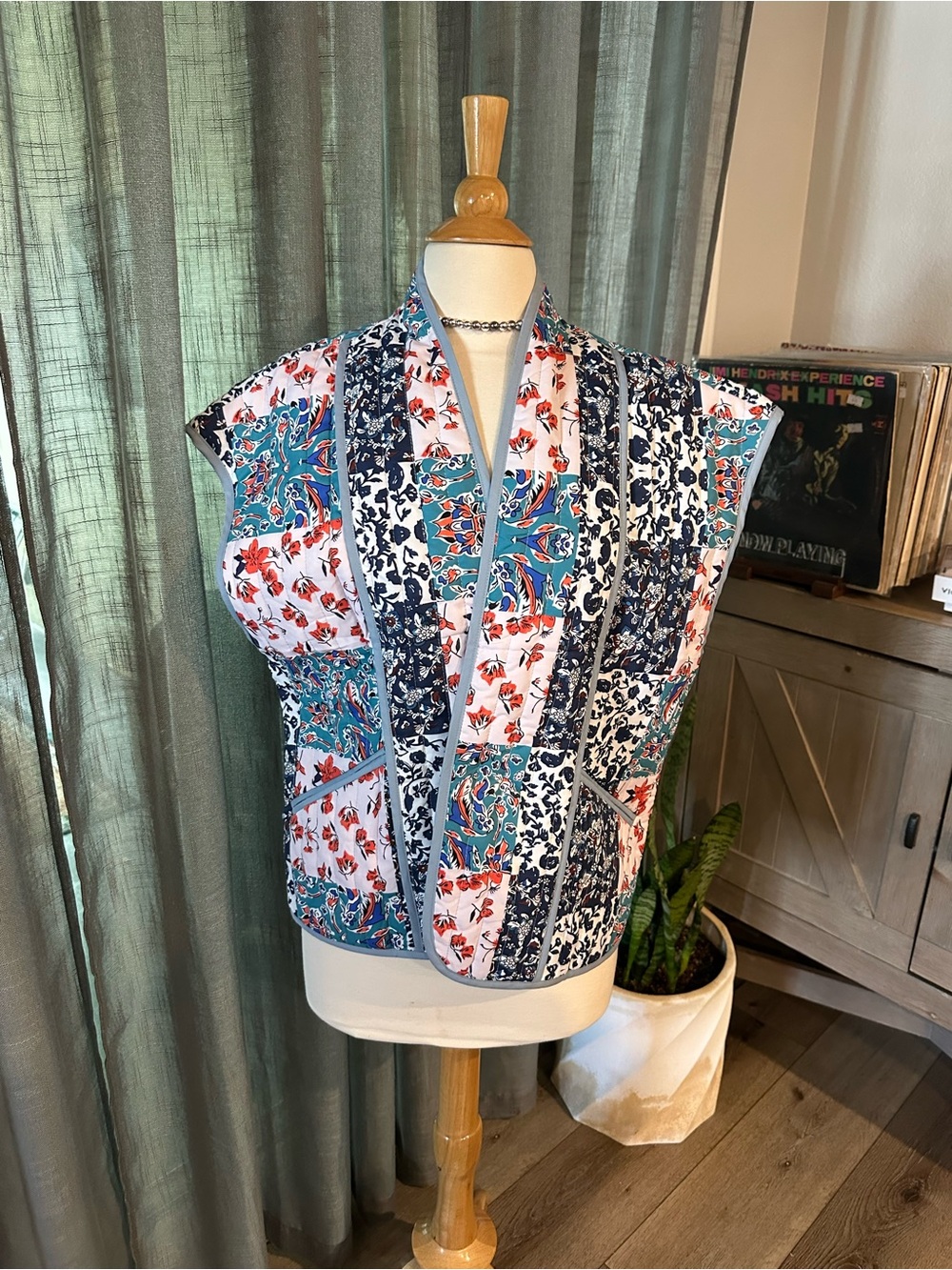 Patchwork Floral Cap Sleeve Vest in Teal and Navy